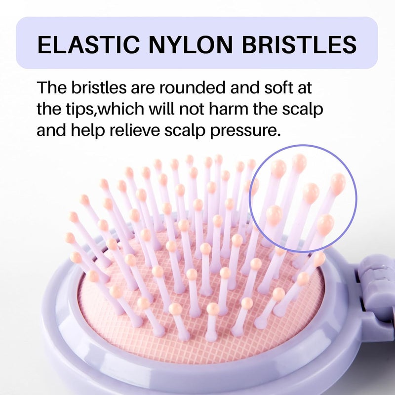 RHOS Hair Brush with Mirror for Women, Girls - Compact Folding Brush with Soft Nylon Bristles and Mirror - Portable Hair Brush for Travel (Purple) - Image 4